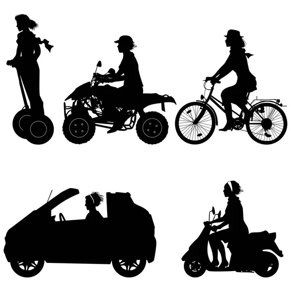 Mujer en viaje, conducir un coche, andar en bicicleta, quad, scooter, segway — Vector de stock