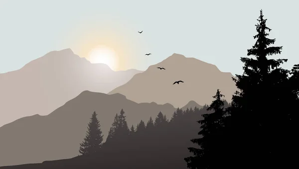 Vista de la montaña con aves voladoras — Vector de stock