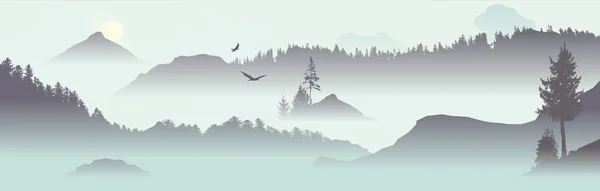 Vista de la montaña con aves voladoras — Vector de stock