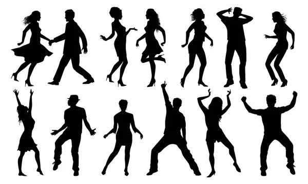 Black and white dancing silhouettes, vector set — Stock Vector