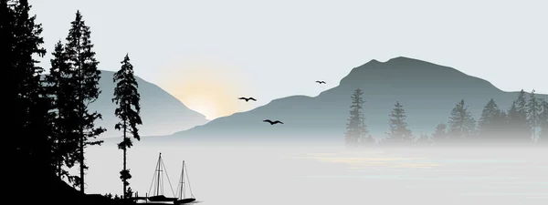 Bergblick Mit Fliegenden Vögeln Bei Sonnenaufgang — Stockvektor