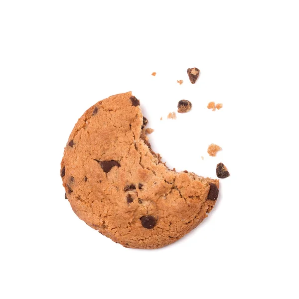 Single round chocolate chip biscuit with crumbs and bite missing, isolated on white from above. — Stock Photo, Image