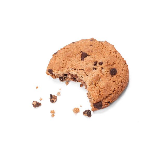 Single round chocolate chip biscuit with crumbs and bite missing, isolated on white from above.