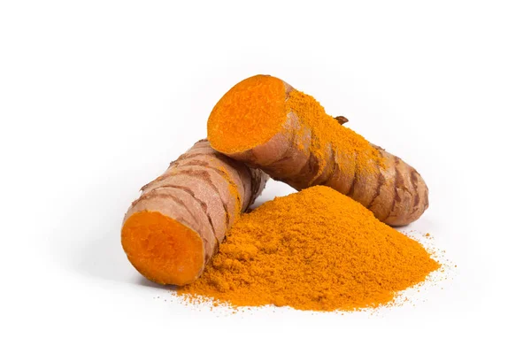 Turmeric powder with turmeric root isolated on white — Stock Photo, Image