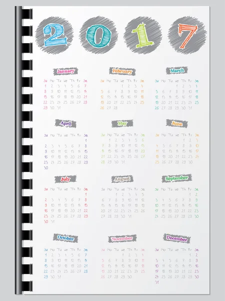 Πολύχρωμο ημερολόγιο με κακογράφονται χρώμα στοιχεία για το έτος 2017 — Διανυσματικό Αρχείο