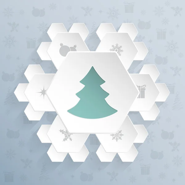 Julhälsning med snöflinga formade hexagoner — Stock vektor
