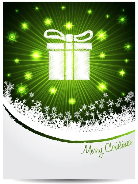 Green white christmas greeting with bursting gift box — Stock Vector