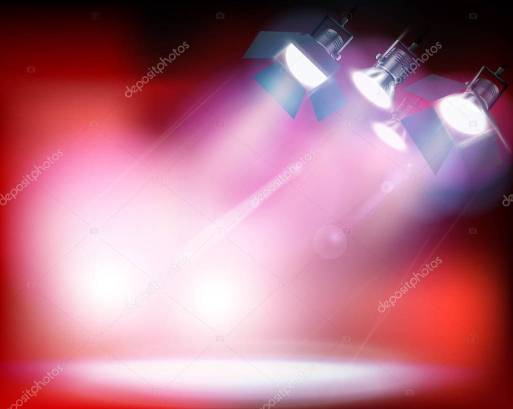 Spotlights on red background. Vector illustration.