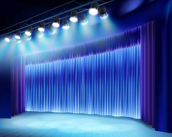 青いカーテンと劇場の舞台。ベクトル図. — ストックベクタ