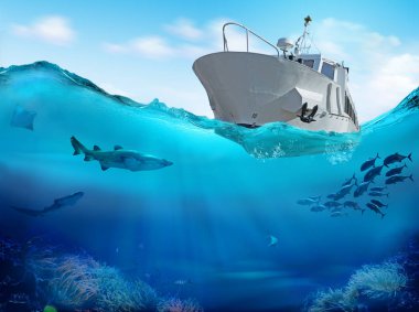 Balıkçı teknesi ve deniz sualtı deniz hayvanları ile. 3D çizim