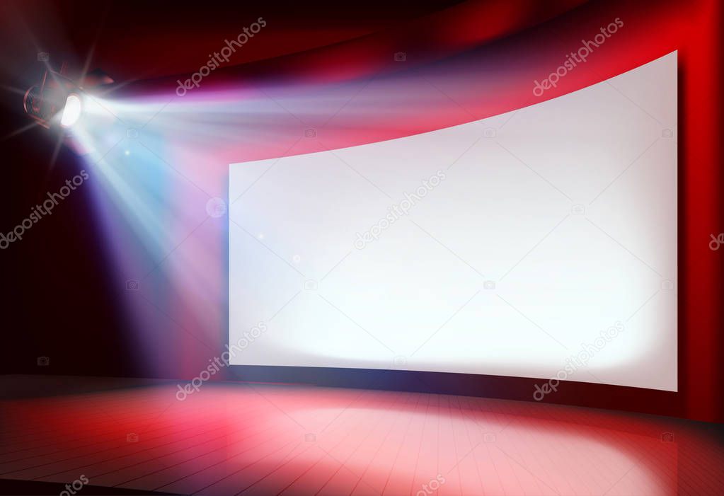 Big projection screen on the stage. Vector illustration.