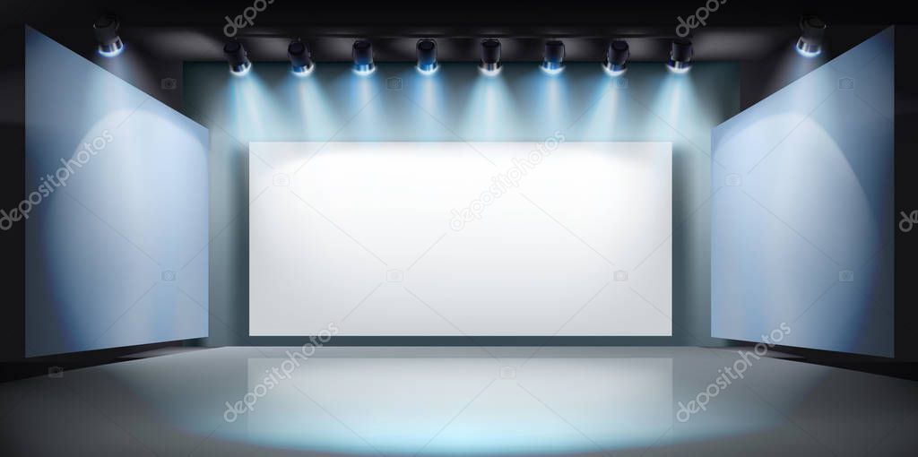 Projection screen on the stage. Vector illustration.