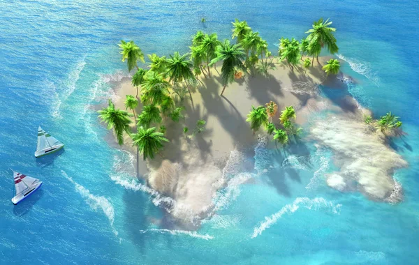 ヤシの木がある熱帯の島の砂浜 海岸沿いの小さな帆船 波を打ち砕いて3Dイラスト — ストック写真