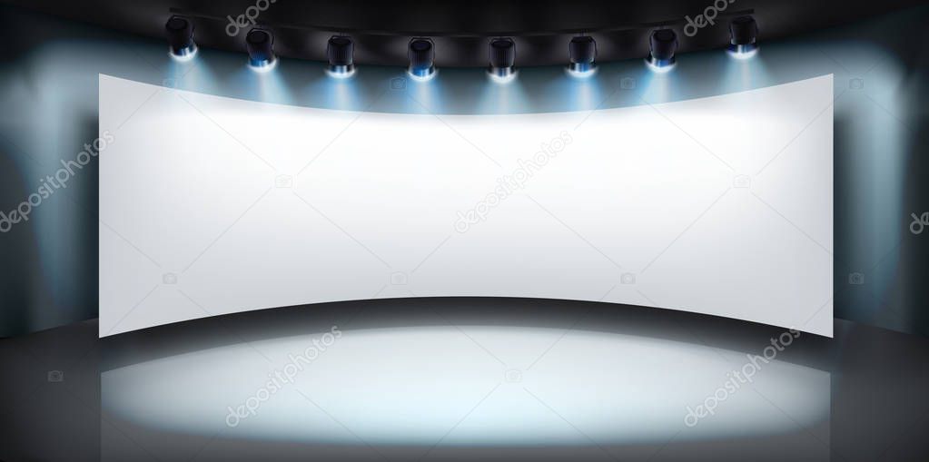 Projection screen on the stage. Vector illustration.