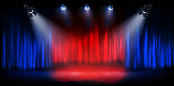 在舞台上表演 演出前的剧场帷幕 黑暗背景下的聚光灯 矢量说明 — 图库矢量图片