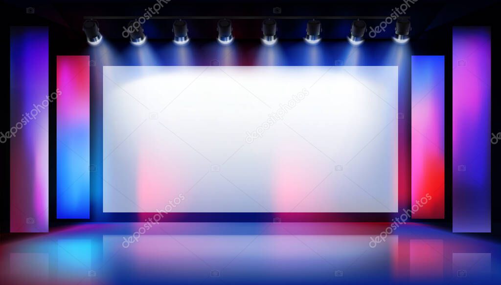 Show in art gallery. Large projection screen on the stage. Free space for advertising. Colorful background. Vector illustration.