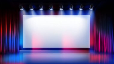 Sahneye çık. Sinemada büyük projeksiyon ekranı. Gezgin perdesi. Reklam için boş yer. Renkli bir geçmiş. Vektör illüstrasyonu.