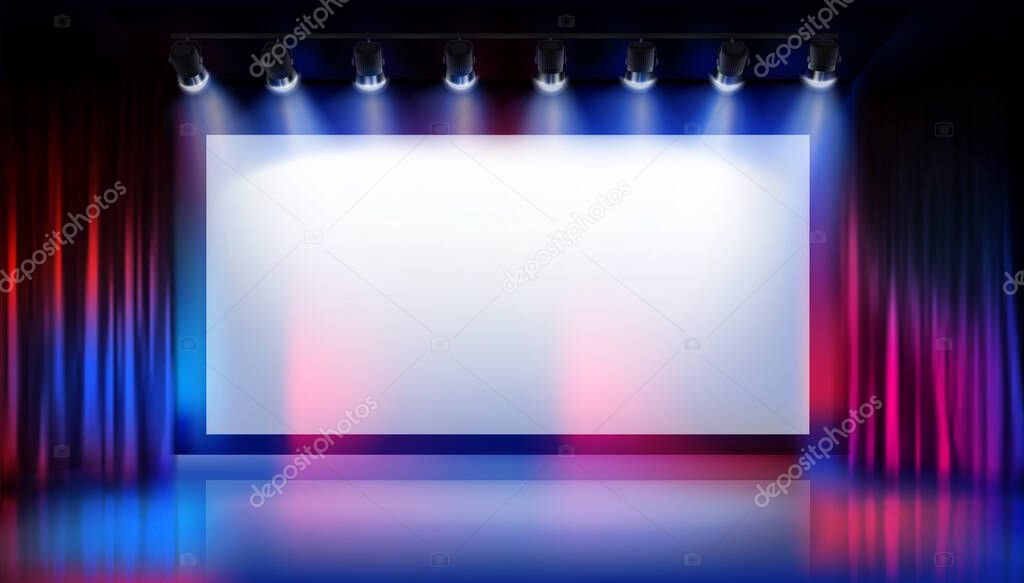 Show on the stage. Large projection screen in the cinema. Traveler curtain. Free space for advertising. Colorful background. Vector illustration.