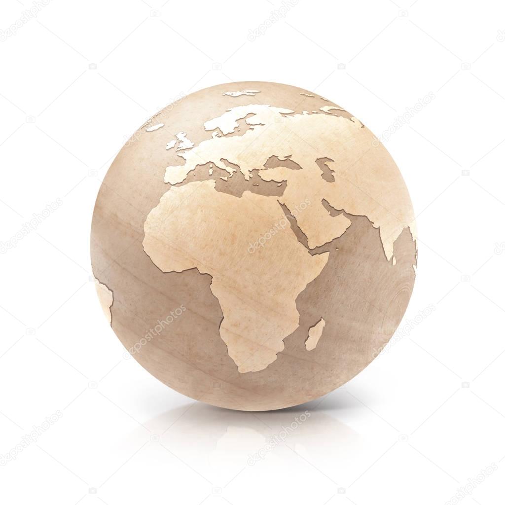 Wood globe 3D illustration europe and africa map
