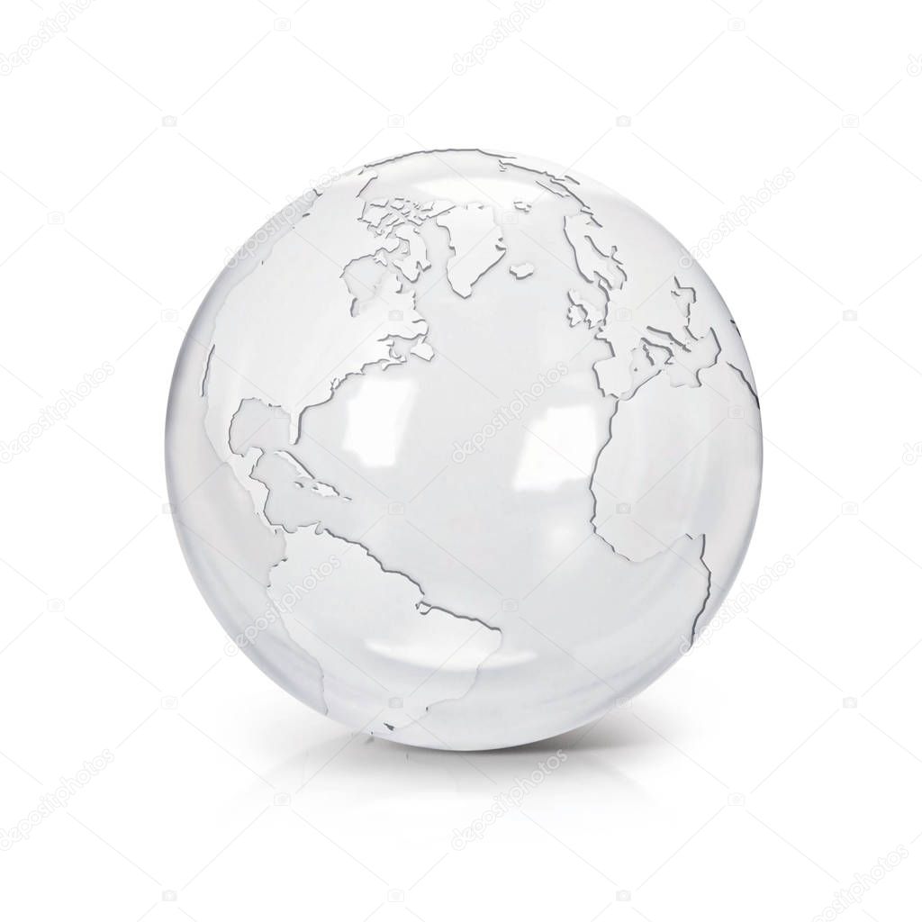 Clear glass globe 3D illustration North and South America map