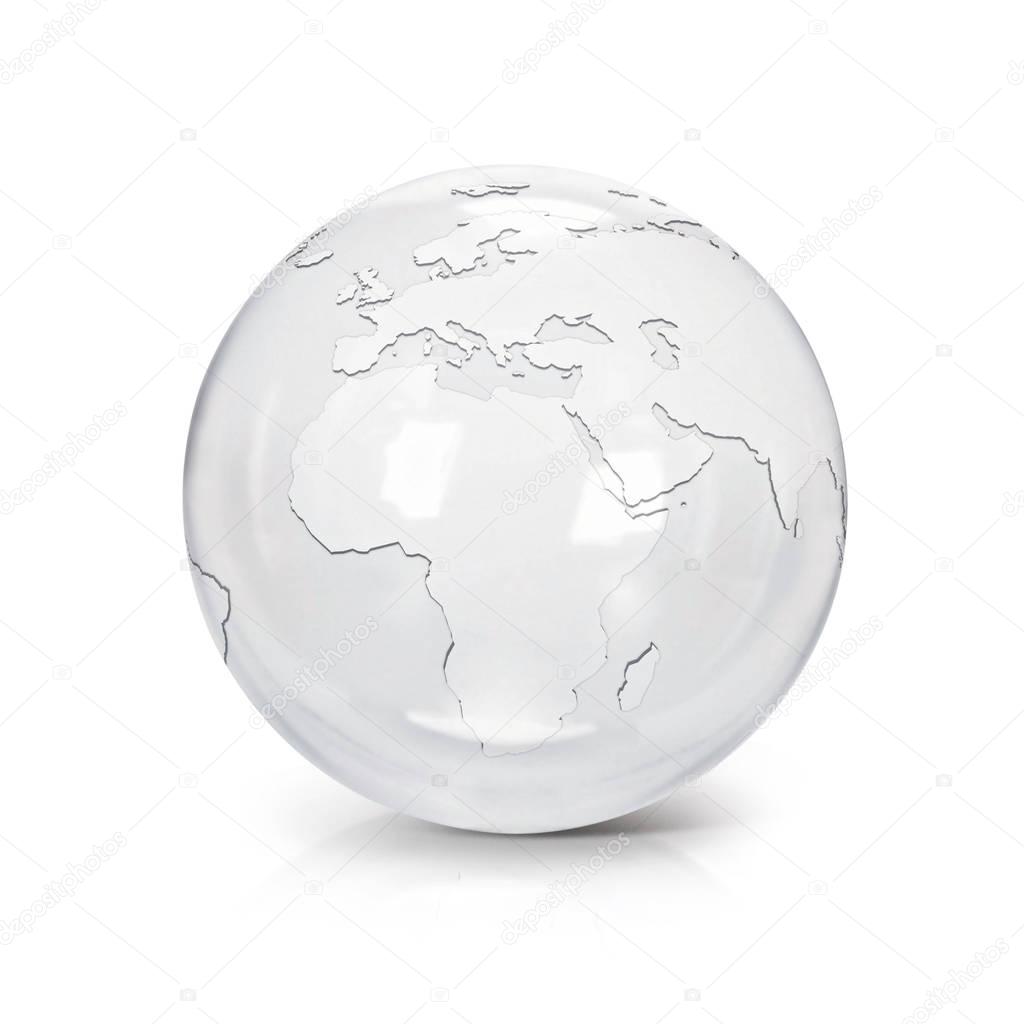 Clear glass globe 3D illustration europe and africa map