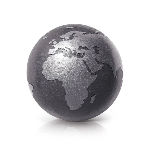 Schwarze eiserne Weltkugel 3d Illustration Europa und Afrika Karte — Stockfoto