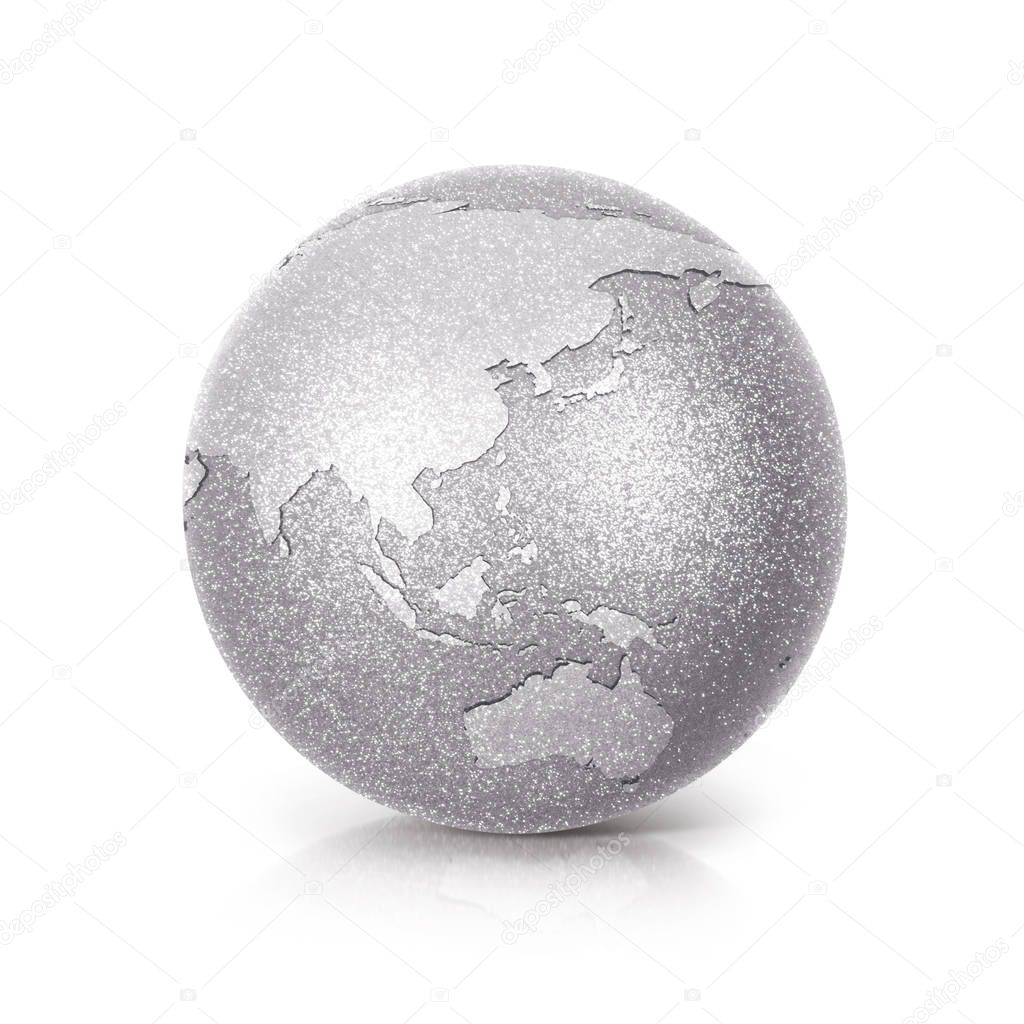 Silver Glitter globe 3D illustration Silver Asia & Australia map