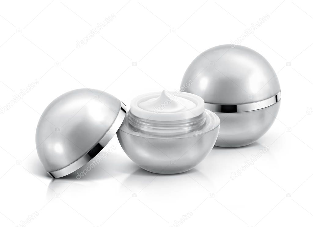 Two silver sphere cosmetic jar on white background