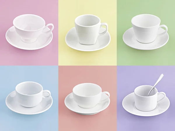 Set de diferentes tazas de café sobre fondo de muchos colores — Foto de Stock