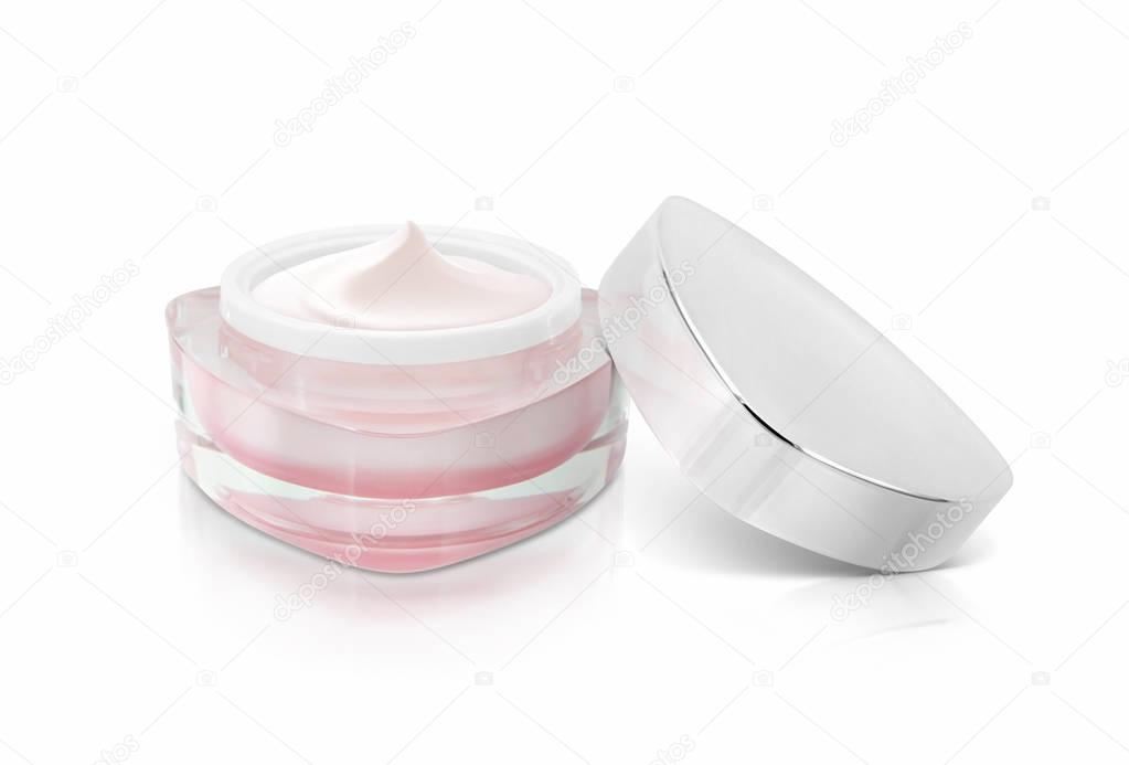 Pink triangle cosmetic jar on white background