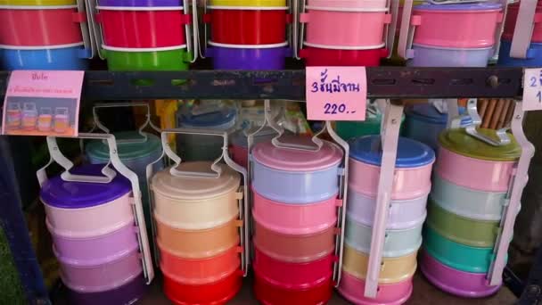 Colorful food carrier box at shop in Thailand — Stock Video