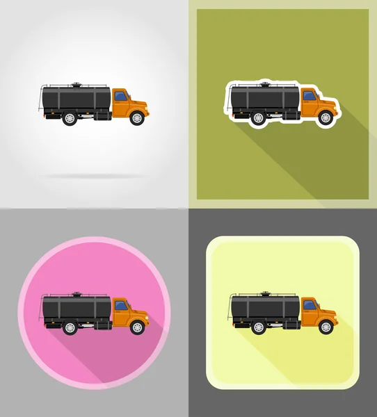 Lading vrachtwagen levering en vervoer van brandstof plat pictogrammen vecto — Stockvector
