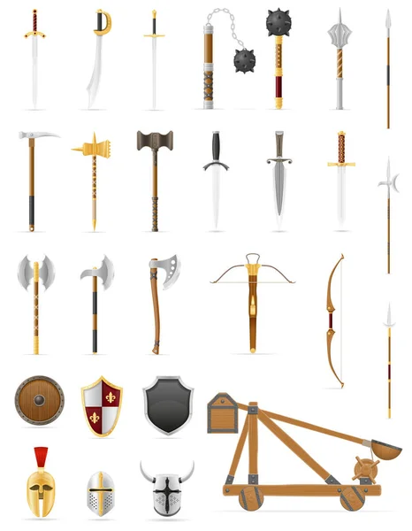 Antique bataille armes jeu icônes stock vectoriel illustration — Image vectorielle