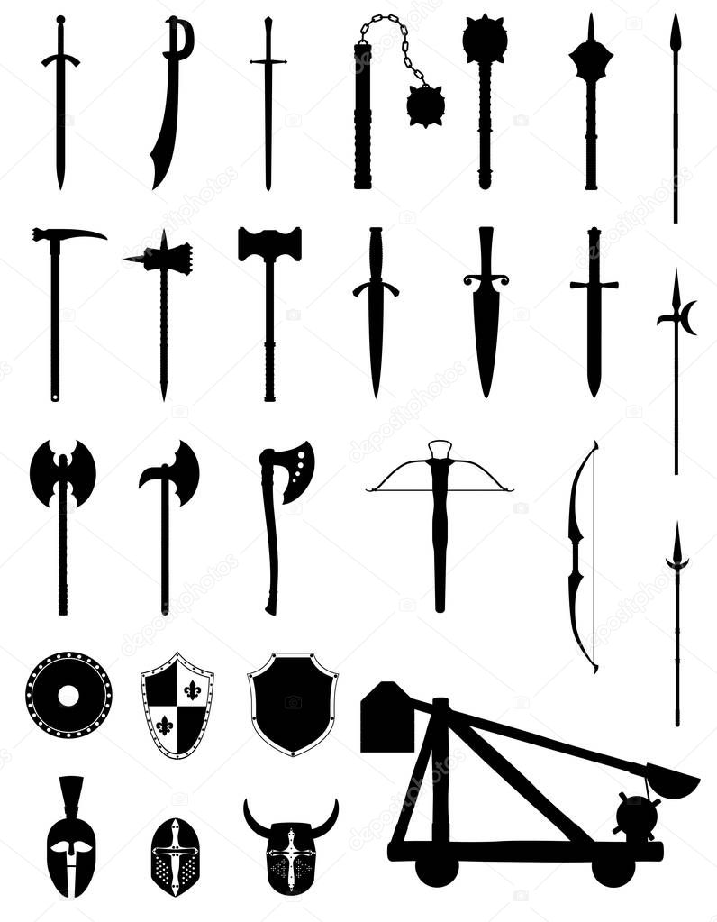 ancient battle weapons set icons black silhouette stock vector i