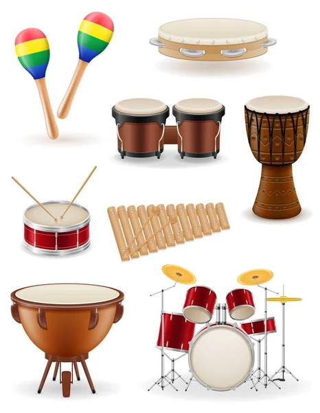 Instrumentos musicales percusión conjunto iconos stock vector illustrati — Vector de stock