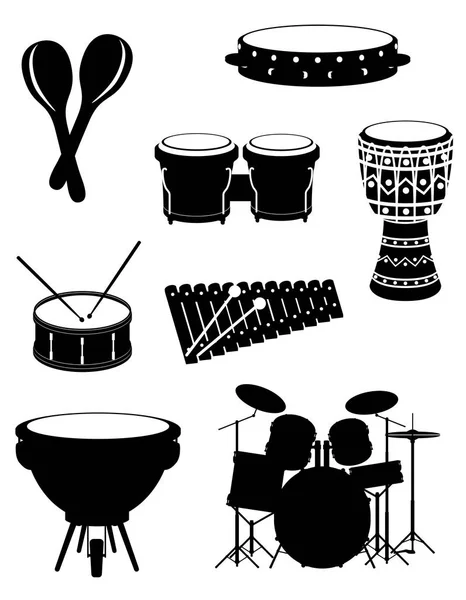 Percussão instrumentos musicais conjunto ícones estoque vetor ilustrati —  Vetores de Stock
