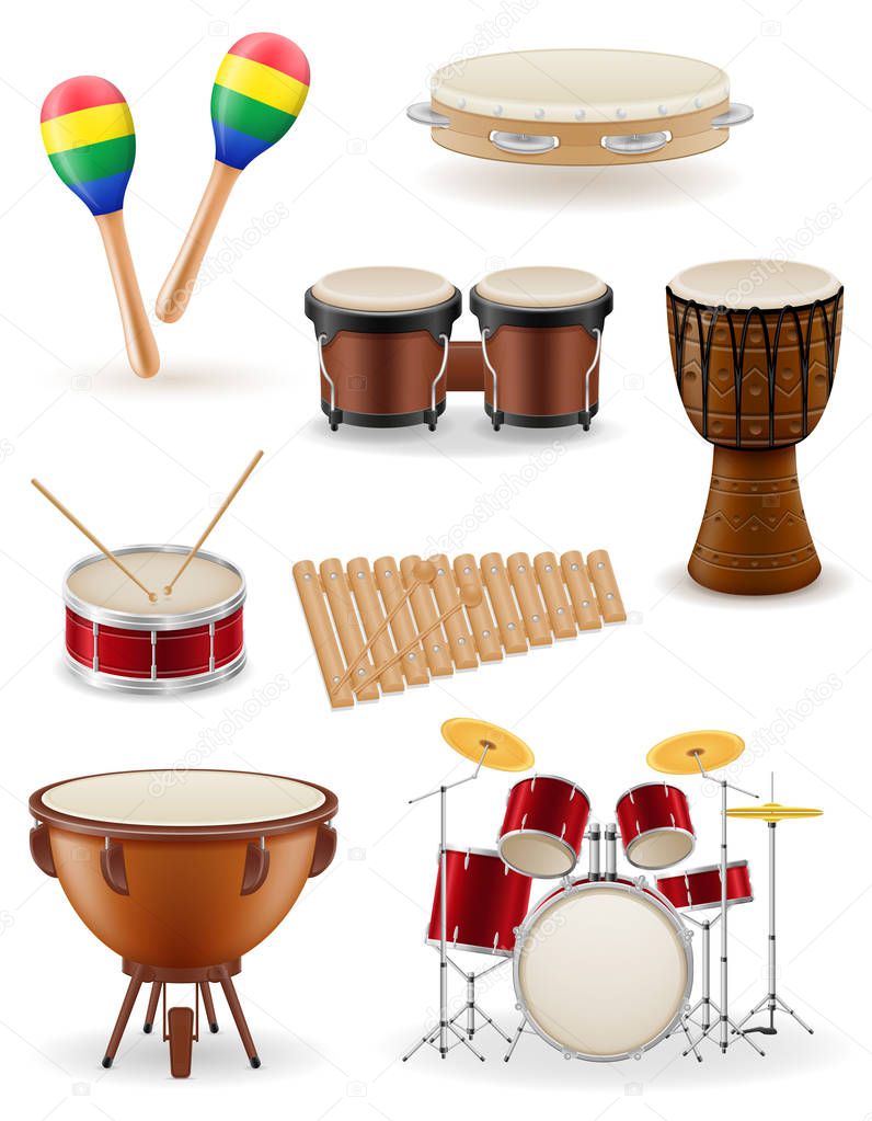 percussion musical instruments set icons stock vector illustrati