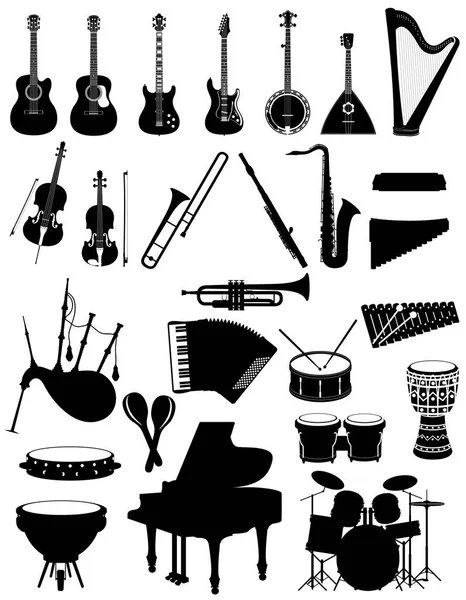 Instrumentos musicales conjunto iconos negro silueta contorno stock vec — Vector de stock