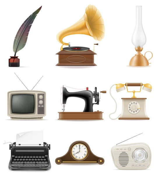 Sok objektumok retro régi vintage ikonok stock vector illustr csoportja — Stock Vector