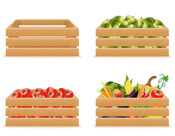 Set caja de madera con verduras frescas y saludables vector illustra — Vector de stock
