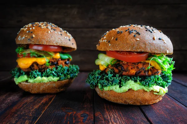 Vegan sweet potato black bean burgers. Plant based diet concept