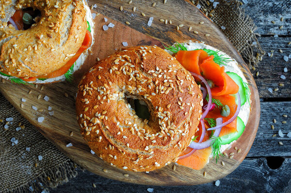 Vegan smoked salmon (carrot lox) bagel with cream cheese
