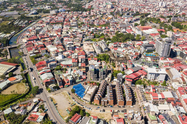 Nantou, Taiwan - October 30th, 2019: aerial view of Puli town with buildings, Nantou, Taiwan