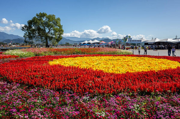 tourists and flowers at Xinshe flower festival
