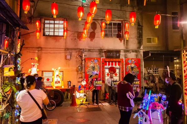 Yunlin Taiwan Februar 2020 Lykt Festival Med Lamper Hengende Gaten – stockfoto
