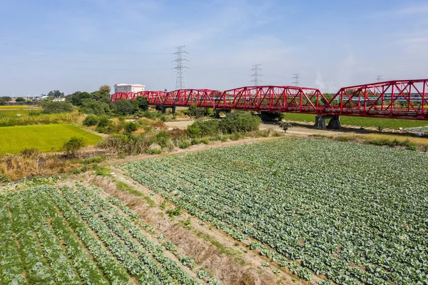 Czerwony Słynny Most Xilou Przez Rzekę Farmę Hrabstwie Yunlin Tajwan — Zdjęcie stockowe