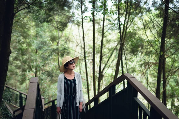 Asiatin Geht Wald Auf Der Treppe — Stockfoto