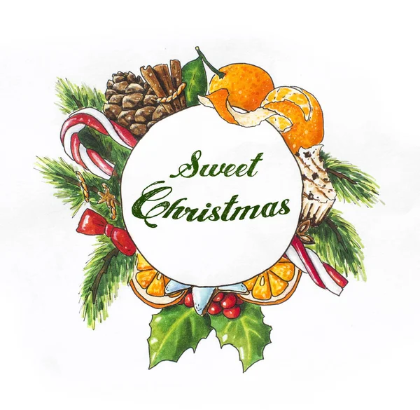 Grinalda de Natal em branco. Desenho desenhado à mão com doces — Fotografia de Stock