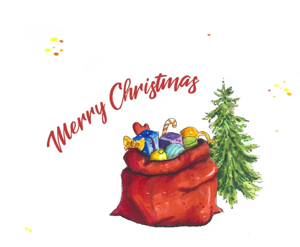 Kerst Hand geschetste illustratie van geschenken zak en kerstboom — Stockfoto