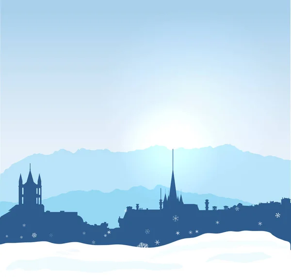 Lausanne winter skyline with mountains and snow. — Stock Vector